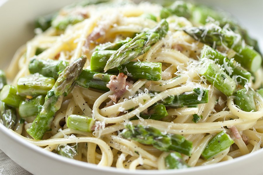 Asparagus, Pancetta and Parmesan Linguine with Chive Cream - Seven Score Asparagus